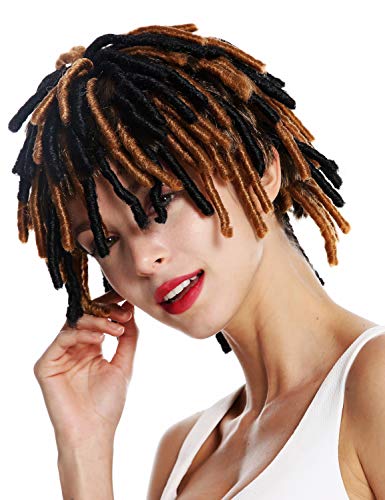 WIG ME UP - DH1110 Peluca Mujer Hombre Carnaval rizos espirales Afro Pelo Corto voluminoso Caribe Rasta Dreads Color Negro mechas castañas