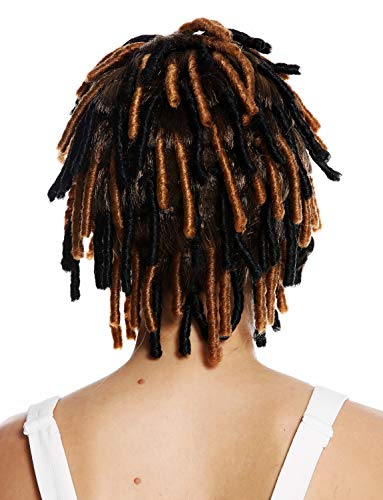 WIG ME UP - DH1110 Peluca Mujer Hombre Carnaval rizos espirales Afro Pelo Corto voluminoso Caribe Rasta Dreads Color Negro mechas castañas