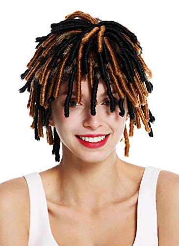 WIG ME UP - DH1110 Peluca Mujer Hombre Carnaval rizos espirales Afro Pelo Corto voluminoso Caribe Rasta Dreads Color Negro mechas castañas