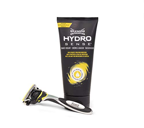 Wilkinson Sword Hydro 5 Sense Duo Set - Pack de Maquinilla de Afeitar de 5 Hojas para Pieles Sensibles con Banda Lubricante de Mentol + Crema de Afeitar Ultra Hidratante 177 ml