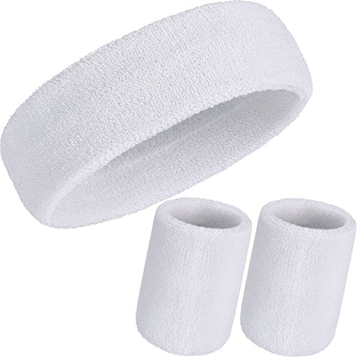 WILLBOND Juego de 3 Piezas de Muñequeras, Incluye Diadema Deportiva y Muñequera de Pulsera de Algodón de Rayas Banda de Sudor para Atléticos Hombres y Mujeres (Blanco)