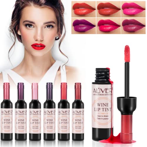 Wine Lip Tint - Botella de vino de 6 colores mancha de labios, labiales mate larga duracion Impermeable pintalabios regalo de maquillaje para niñas y mujeres