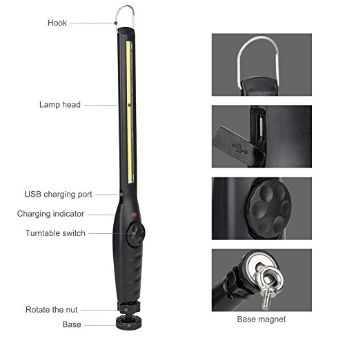 Winzwon Linterna de Trabajo Lámpara de Inspección Linternas COB LED Linternas Faroles de Mano Luz de la antorcha con Gancho, Base Imán, Cable USB para Casa Auto Camping Emergencia Reparacion