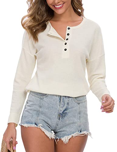 WNEEDU Camiseta Henley de Manga Larga para Mujer(Beige,S)