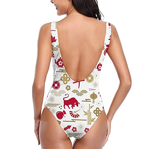 XAJH Trajes De Baño De Una Pieza para Mujer,Traje De Baño Push Up Sexy con Estampado De Verano, Traducción Al Chino, Patrón De Toro, Traje De Baño Sin Espalda, Traje De Baño, Ropa De Playa, para NAD