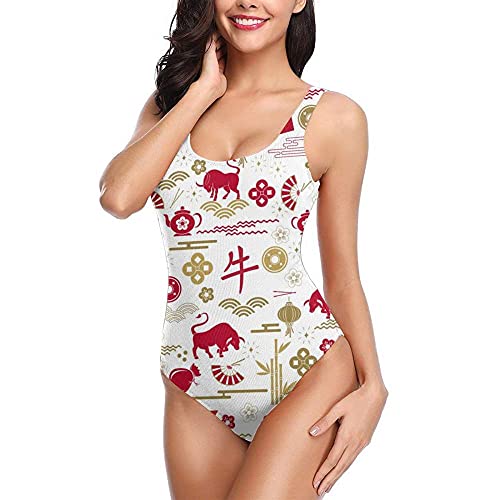 XAJH Trajes De Baño De Una Pieza para Mujer,Traje De Baño Push Up Sexy con Estampado De Verano, Traducción Al Chino, Patrón De Toro, Traje De Baño Sin Espalda, Traje De Baño, Ropa De Playa, para NAD