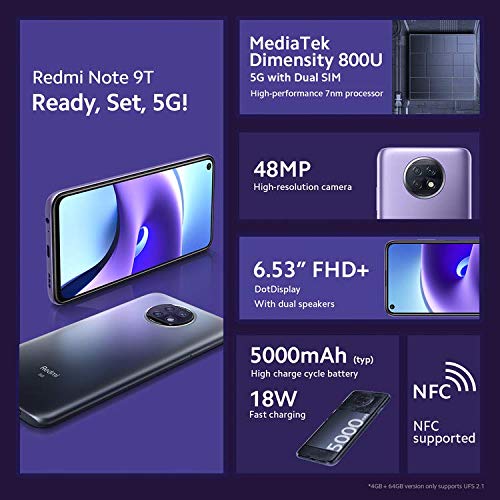 Xiaomi Redmi Note 9T 5G (Smartphone 4GB+128GB, FHD+ de 6.53" DotDisplay, Cámara triple 48 MP, Media Tek Dimensity 800U, Dual Speakers, 5000mAh, 18W de Carga rápida), Negro