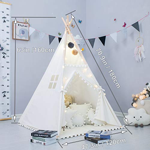 xiaowantong Tienda Tipi para niños con pompón - Tienda de campaña Plegable con Bolsa de Transporte para Interiores y Exteriores, pompón Blanco de Encaje, Lona de algodón, casa de Juegos Tipi