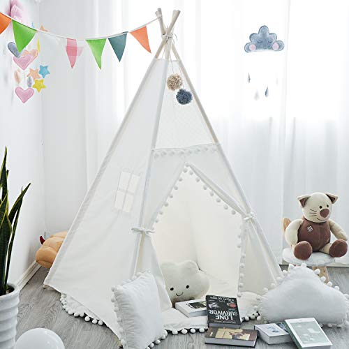 xiaowantong Tienda Tipi para niños con pompón - Tienda de campaña Plegable con Bolsa de Transporte para Interiores y Exteriores, pompón Blanco de Encaje, Lona de algodón, casa de Juegos Tipi