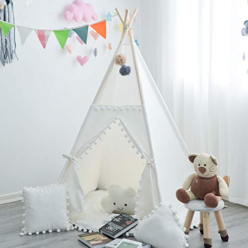 xiaowantong Tienda Tipi para niños con pompón - Tienda de campaña Plegable con Bolsa de Transporte para Interiores y Exteriores, pompón Blanco de Encaje, Lona de algodón, casa de Juegos Tipi