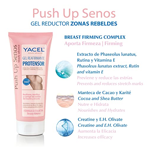 Yacel Push Up Senos. Gel Reafirmante Protensor. Reafirma, Tonifica y Corrige las Estrías del Busto y Escote. Apto en Embarazo y Lactancia. 200 ml.