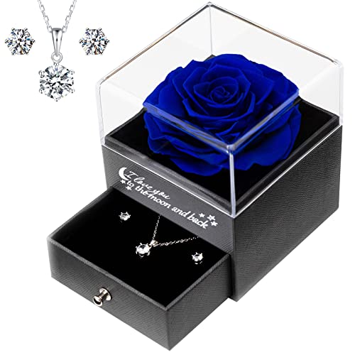 Yamonic Rosa Eterna Real con Collar y Pendientes en una Caja de Regalo, Regalos románticos para Ella en el día de San Valentín Aniversario Navidad Regalos para Mujeres, Azul