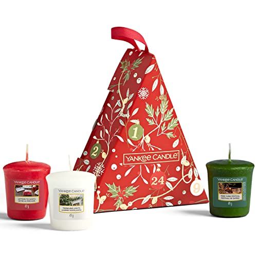 Yankee Candle Set de regalo, 3 velas votivas perfumadas en una caja festiva en forma de árbol con un arco, Cuenta atrás para la colección de Navidad (1631478E)