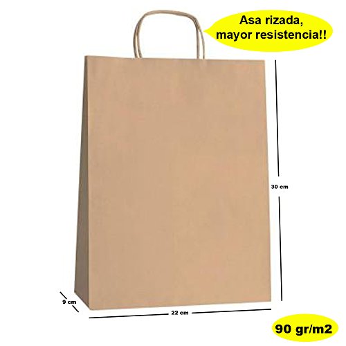 Yearol K01 25 Bolsas papel kraft con asa rizada reutilizables. 30 * 22 * 9 Regalos, eventos, bodas, cumpleaños, comercio, compra, venta, manualidades, embalaje. Biodegradables reciclables