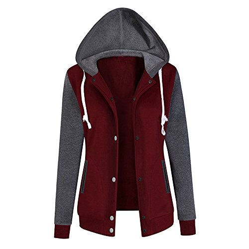 YEBIRAL Abrigos Mujer Invierno Rebajas,Casual Patchwork Manga Larga Cárdigans Jersey Señora Sudadera con Capucha Béisbol Ropa Deportiva(XL,Vino Rojo)