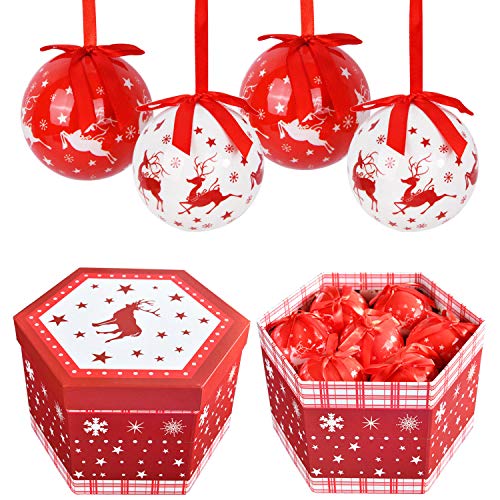 YILEEY Bolas de Navidad Hechas a Mano 14 pcs - Ø 7.5 cm Caja de Regalo de Bolas Arbol de Navidad con Percha Adornos Arbol Navidad Irrompibles - Decoracion Arbol Navidad - Rojas y Blancas