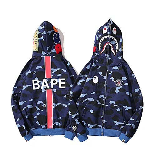 YiuZhiMine Unisex Bape Cremallera Completa Sudaderas con Capucha Carta Impresión Patrón Hoody Disfraz Shark Hoodie Sudadera con Cremallera Chaqueta de Camuflaje Sweatshirt Hip Hop Casual Tops