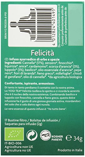 Yogi Tea - Felicidad, Infusión Ayurvédica de Hierbas con Canela, Lúpulo y Cáscara de Naranja - 17 Bolsitas, 34g