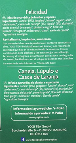 Yogi Tea - Felicidad, Infusión Ayurvédica de Hierbas con Canela, Lúpulo y Cáscara de Naranja - 17 Bolsitas, 34g