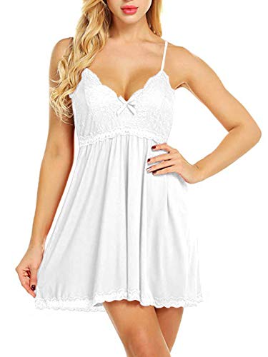 YOINS Camisón Sexy Mujer Ropa de Dormir Lencería Sujetador de Encaje con Cordón Vestido de Noche Regalo del Día de San Valentín Blanco M