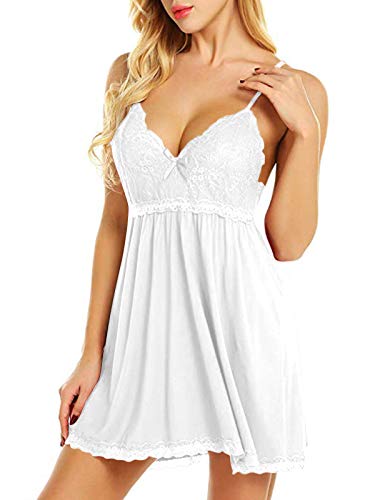 YOINS Camisón Sexy Mujer Ropa de Dormir Lencería Sujetador de Encaje con Cordón Vestido de Noche Regalo del Día de San Valentín Blanco M