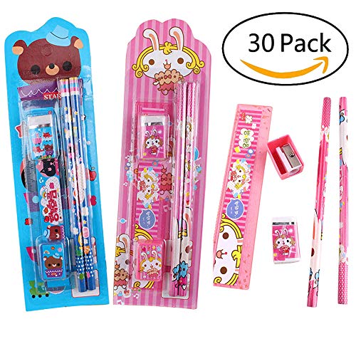 YueChen 30x Lápices Infantiles con Borrador, Lindo Grafito Lápiz,Regalos Fiestas Infantiles,Regalo de cumpleaños,Set Escolar (2xlápices, 1xregla, 1xborrador, 1xsacapuntas)