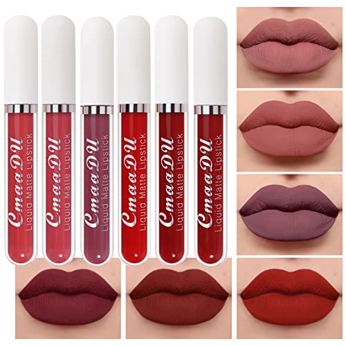 Zilams 6Piezas Liquido Pintalabios Mate Larga Duracion Lápiz Labial Hidratante Kit Pintalabios Permanente Impermeable Barra Labios Maquillaje Regalo Mujer Pintalabios Niña Cumpleaños Navidad (Rojo)