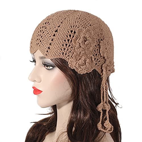 ZLYC Gorro de punto hecho a mano con diseño de calavera de ganchillo de algodón para mujer, Floral caqui, Talla única