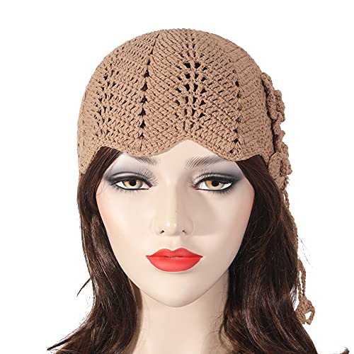 ZLYC Gorro de punto hecho a mano con diseño de calavera de ganchillo de algodón para mujer, Floral caqui, Talla única