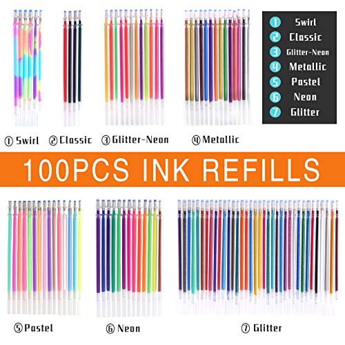 ZSCM 100 colores recargas de tinta para bolígrafos de gel, recargas de bolígrafos de tinta de gel de neón con purpurina, cartuchos de repuesto para juego de bolígrafos de gel con purpurina