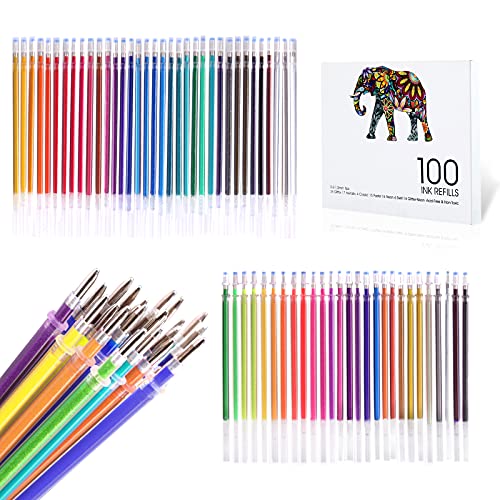 ZSCM 100 colores recargas de tinta para bolígrafos de gel, recargas de bolígrafos de tinta de gel de neón con purpurina, cartuchos de repuesto para juego de bolígrafos de gel con purpurina