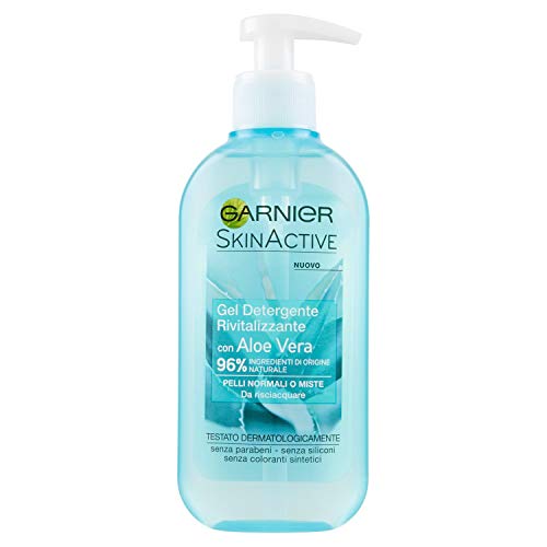 - Garnier - Skin Active. Gel Limpiador Revitalizador con Aloe Vera, perfecto para pieles normales o mixtas. Envase de 200 ml