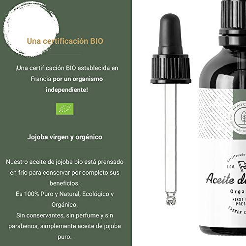 100ml Aceite de Jojoba Orgánico, Prensado en frío, Puro - Cuidado 100% Natural para la Piel, Cabello, Barba - Botella de cristal - Embotellado en Francia