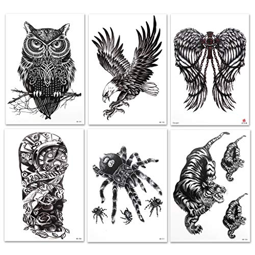 12 hojas de tatuajes temporales para hombres y mujeres, león, tigre, animales, búho, mujer, muerte, cráneo, resistente al agua, negro, tatuaje temporal, para carnaval, fiesta