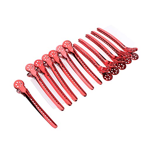 12 Pedazos Pinza de Barbero de Metal Clips Peluqueria Profesional Ultensilios de Peluqueros - rojo