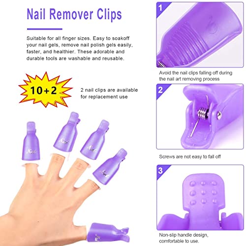 12PCS Clip de Removedor de Esmaltes de Uña Pinza de Arte de Uñas de Acrílico Herramienta de Manicura Nail Art Soak Off Clip, cepillo para uñas, lima de uñas, bloque de tampón para uñas (Púrpura)