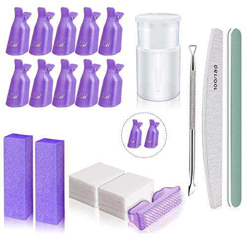 12PCS Clip de Removedor de Esmaltes de Uña Pinza de Arte de Uñas de Acrílico Herramienta de Manicura Nail Art Soak Off Clip, cepillo para uñas, lima de uñas, bloque de tampón para uñas (Púrpura)