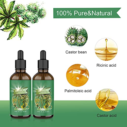 2 * 30 ML Aceite de Ricino 100% Puro-Castor Oil Natural y Prensado en Fríro,Estimula el Crecimiento del Cabello,Pestañas y Cejas,Cuidado del Barba,Uña | Botella de Vidrio con Cepillos