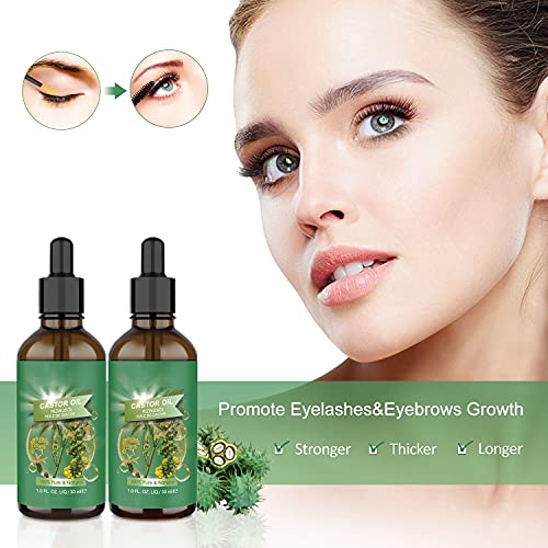 2 * 30 ML Aceite de Ricino 100% Puro-Castor Oil Natural y Prensado en Fríro,Estimula el Crecimiento del Cabello,Pestañas y Cejas,Cuidado del Barba,Uña | Botella de Vidrio con Cepillos