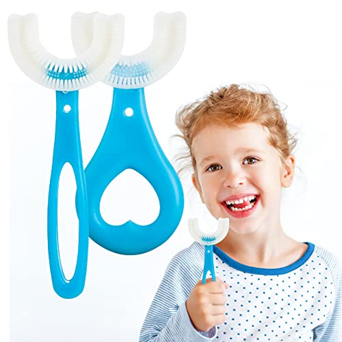 2 cepillo de dientes en forma de U para niños, cabezal de silicona suave de calidad alimentaria, cepillo de dientes para bebés de 2 a 12 años de edad, con 360 ° de cuidado bucal (azul)