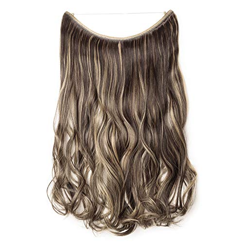 20"(50cm) SEGO Extensiones de Cabello de Hilo Invisible sin Clip [Marrón Oscuro mezcla Rubio Ceniza] Pelo Sintético Se Ve Natural Una Pieza Postizos Pelucas Rizadas (90g)