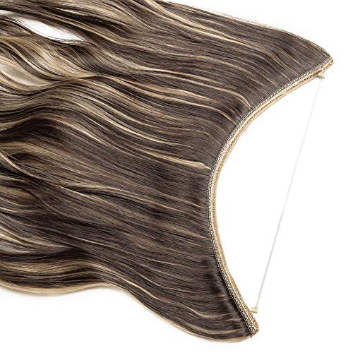 20"(50cm) SEGO Extensiones de Cabello de Hilo Invisible sin Clip [Marrón Oscuro mezcla Rubio Ceniza] Pelo Sintético Se Ve Natural Una Pieza Postizos Pelucas Rizadas (90g)