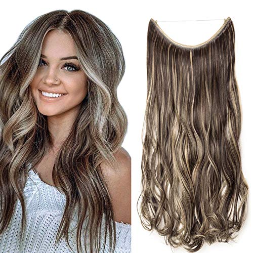 20"(50cm) SEGO Extensiones de Cabello de Hilo Invisible sin Clip [Marrón Oscuro mezcla Rubio Ceniza] Pelo Sintético Se Ve Natural Una Pieza Postizos Pelucas Rizadas (90g)