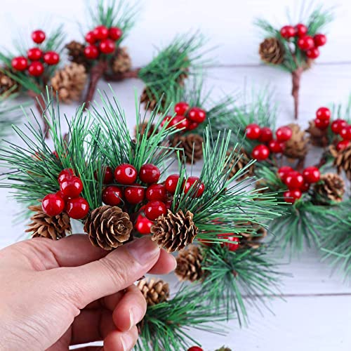 20pz Rama de Pino Artificial Navidad Bayas Rojas Ramas de Abeto Artificial Pinzas de Pino Artificiales Decoración de árbol de Navidad para Arreglos de Flores de Navidad Coronas árboles y Regalo DIY