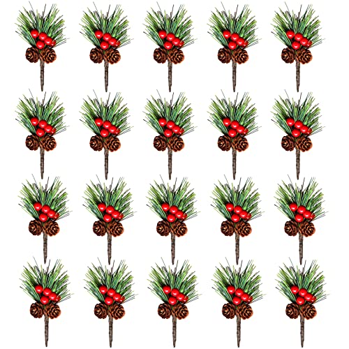 20pz Rama de Pino Artificial Navidad Bayas Rojas Ramas de Abeto Artificial Pinzas de Pino Artificiales Decoración de árbol de Navidad para Arreglos de Flores de Navidad Coronas árboles y Regalo DIY