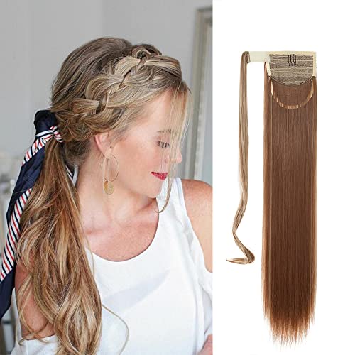 22"(55cm) SEGO Coleta Postiza Lisa con [Magia del Bolsillo] Pelo Sintético Se Ve Natural [Castaño Claro a Rubio Ceniza] Extensiones de Cabello Clip Cola Ponytail Hair (90g)