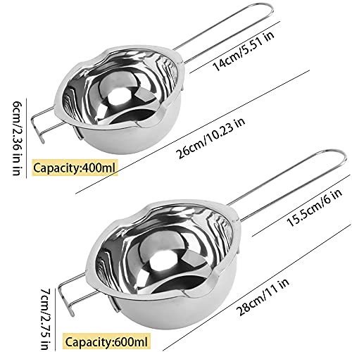 2pcs Cazo para Baño María de Acero Inoxidable Olla para Baño María Cazo Para Fundir Chocolate Cazo Baño María Para Derretir Chocolate, Dulces, Mantequilla, Queso Y Velas Plata(400ml+600ml)