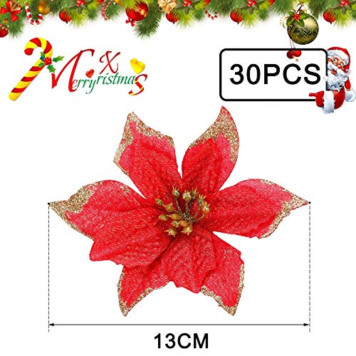 30Pcs Purpurina Flores artificiales,Flores Navidad Artificiales,Flores artificiales de Navidad,Flores Artificiales de Poinsettia,Navidad Decoración Adorno,Florales para Decoración de Navidad (rojo)