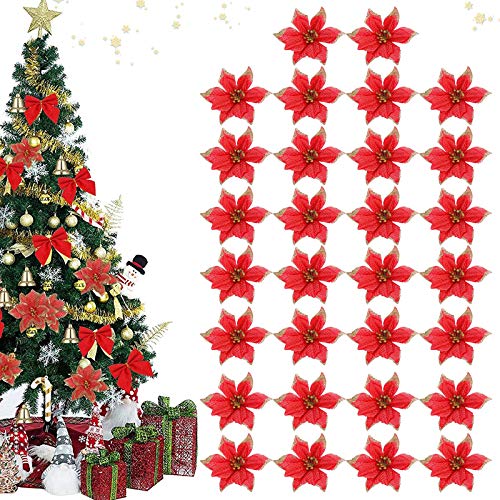 30Pcs Purpurina Flores artificiales,Flores Navidad Artificiales,Flores artificiales de Navidad,Flores Artificiales de Poinsettia,Navidad Decoración Adorno,Florales para Decoración de Navidad (rojo)