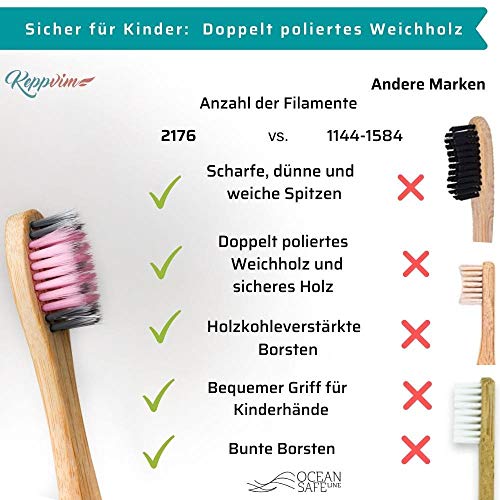 4 cepillos de dientes de bambú para niños - cerdas de carbón ultra suaves, mango de madera biodegradable y libre de plástico, vegano, ecológico, sin BPA ni BPS, cerdas densas y finas, cuatro colores